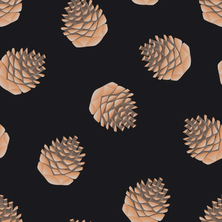 Brown pine cones on a black background seamless pattern. Background with cones for wrapper, wallpaper or fabric design.のイラスト素材