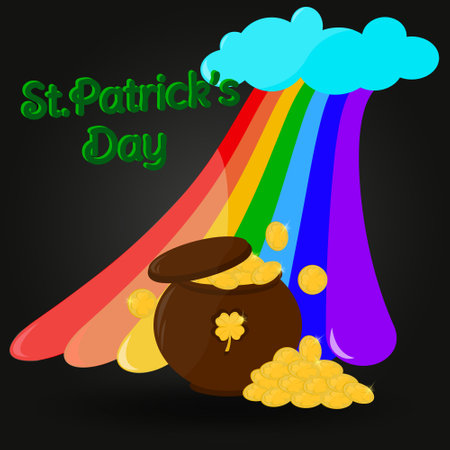 Congratulatory poster design for St. Patrick's Day. Full pot of gold coins, rainbow, cloud lettering St. Patrick's Day on a black background.のイラスト素材