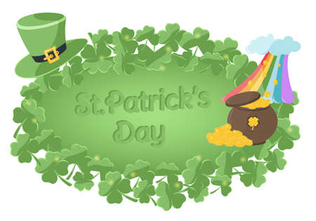 Festive background for St. Patrick's Day celebration. Postcard, poster or invitation flyers featuring a green leprechaun hat, shamrock, pot with gold coins and a rainbow.のイラスト素材