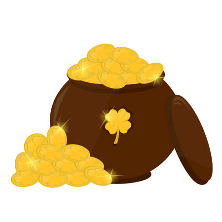 Cartoon pot of gold coins isolated on white background close-up. Full pot of gold coins for St. Patrick's holiday design.のイラスト素材