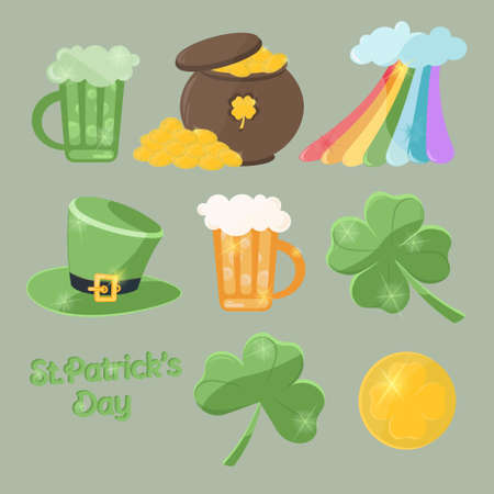 Saint Patrick's Day character set Leprechaun hat, pot of gold coins, rainbow, shamrock, pint of beer, pint of ale, gold coin, clover St. Patrick's Day lettering. Set for banners, cards or invitations.のイラスト素材