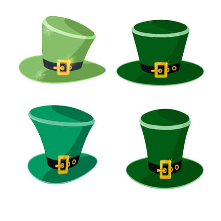 Set of green leprechaun hats isolated on white background close-up. Flat design for St. Patrick's Day holiday decoration.のイラスト素材
