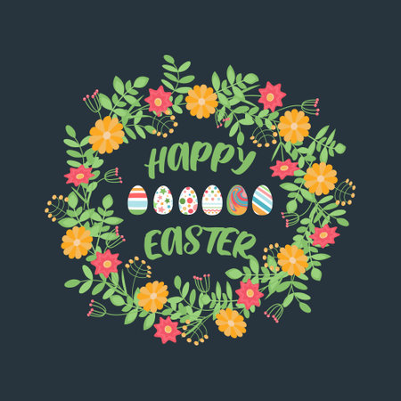 Easter card with floral wreath and painted eggs on a dark background. Flower frame with Easter eggs in the middle of pastel colors.のイラスト素材
