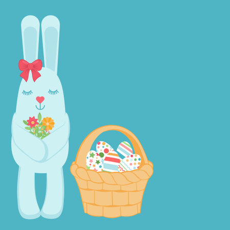 Easter bunny with a bow and a bouquet of flowers in its paws and a basket full of painted eggs on a blue background. Easter background in pastel colors with bunny and Easter eggs.のイラスト素材