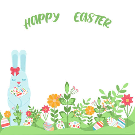 Poster and banner Happy Easter in flat style with painted eggs, Easter bunny and flowers. Greeting card for Easter in pastel colors.のイラスト素材