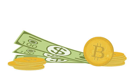 Image of bitcoin cryptocurrency and dollar fiat currency. Symbols of modern money investment and investment. Vector illustration of cash and virtual money.のイラスト素材
