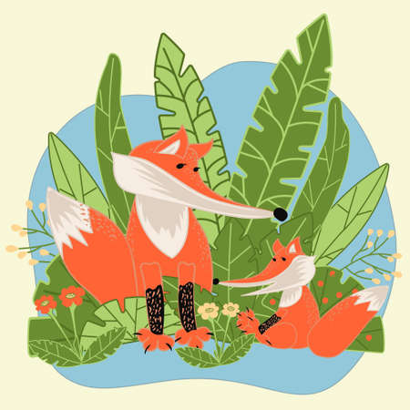Mom fox with little fox on green grass in cartoon flat style. Hand drawn childrens illustration for cards, banners, labels and brochures. Mother's day with a fox and her cub.のイラスト素材
