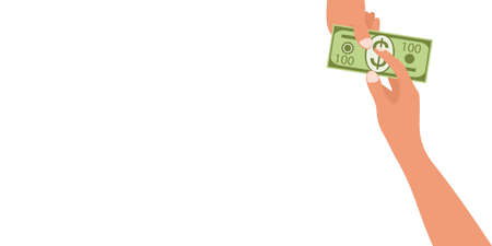 One hand gives money to the other isolated on white background. Banner in flat style of hands with dollar and empty place for text. Concept of charity, currency exchange, corruption, bribe or payment.のイラスト素材