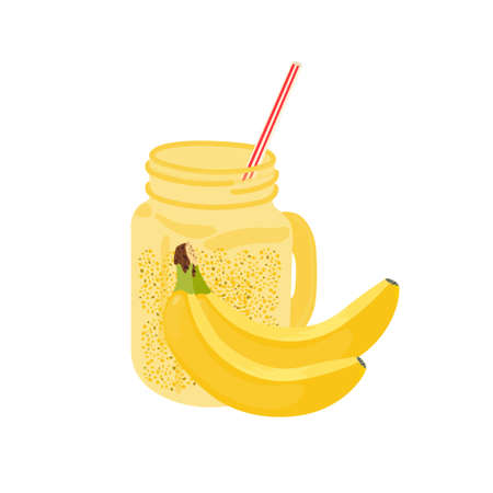 Banana smoothie in cartoon flat style on white background. Healthy lifestyle, raw food. Healthy food background. Healthy meal. Organic food.Healthy lifestyle concept.Organic fruit shake smoothie.のイラスト素材