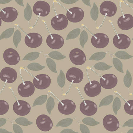 Fruit background with ripe cherries with a stem and leaf on a beige background. Seamless vector pattern with cherries. Earthy colors. Seamless pattern with cherries.のイラスト素材
