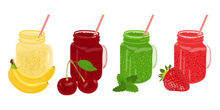 Set of glass jars with banana, strawberry, mint, cherry fruit smoothies with straws on a white background. Fruit berry cocktails and juices in transparent glasses with a handle. Flat design.のイラスト素材
