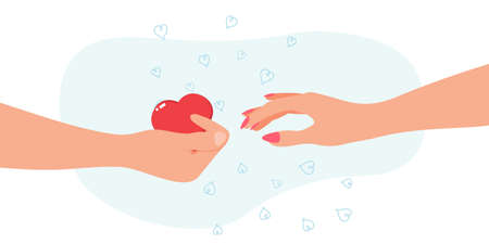 A man's hand with a heart in the palm reaches for the woman's hand. The concept of love, expression of feelings, trust. Applicable for wedding invitations, cards, valentines, backgrounds. Flat design.のイラスト素材