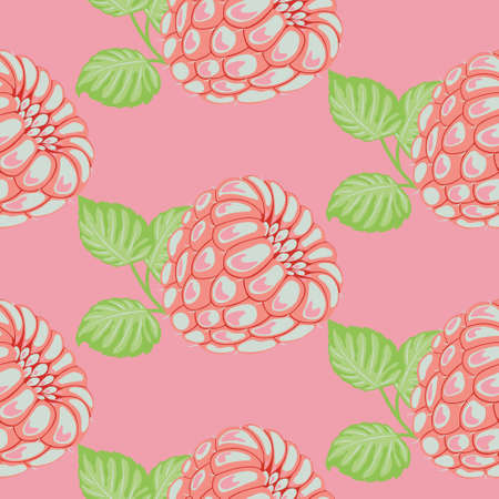 Seamless vector pattern of drawn pink raspberries with green leaves. Colorful raspberry in vintage style on pink background. Healthy organic vegan food.Flat design.のイラスト素材