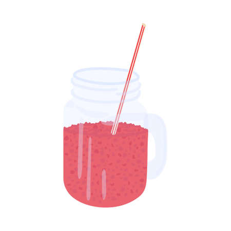 Glass jar of red juice with handle isolated on white background. Organic detox drink in a jar. Red berry juice. Fruit summer drink.のイラスト素材