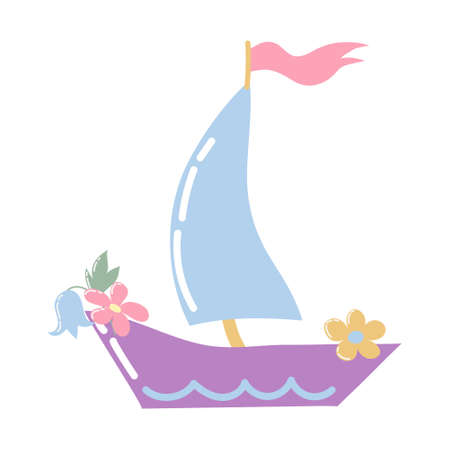 Cartoon boat with a sail, flag and flowers. Pastel colors. Isolated on a white background. Sailboat close-up.Adventure tourism.のイラスト素材