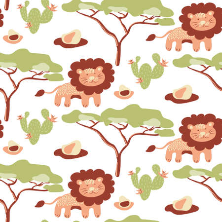 Vector pattern with cartoon lions, cactus, trees on a white background. African savannah with lion and wildlife.Colorful vector in flat style. For children's design of fabric, curtain or wallpaper.のイラスト素材