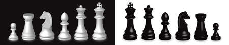 3d chess pieces stand in a row on a black and white background. 3d chess isolated on black and white background.のイラスト素材