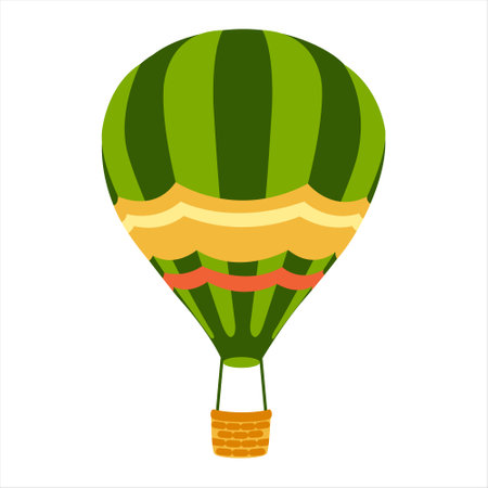 Green striped hot air balloon with basket. Hot air balloon isolated on white background. Flat cartoon design. Vector.のイラスト素材