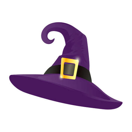 Purple pointed witch hat with gold buckle isolated on white background. Witch hat in cartoon style....