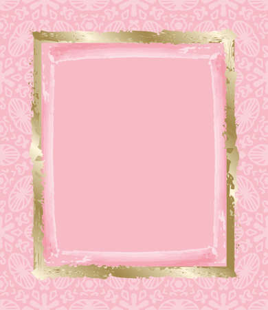 Gold square frame made of brush strokes on a pink background. Watercolor design for decoration of a wedding card, cosmetic packaging, invitation, congratulation or advertisement. Pink and gold.Vector.のイラスト素材