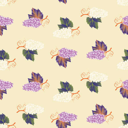 Ripe juicy bunches of white and purple grapes with leaves on a beige background. Cute seamless vector pattern with grapes for fabric, wallpaper or wallpaper.のイラスト素材