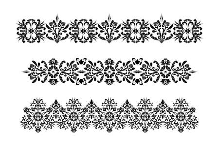 Set of vector vintage patterns for the design of frames, menus, wedding invitations or labels, for laser cutting, creating patterns in wood, marquetry. Digital graphics. Black and white.のイラスト素材
