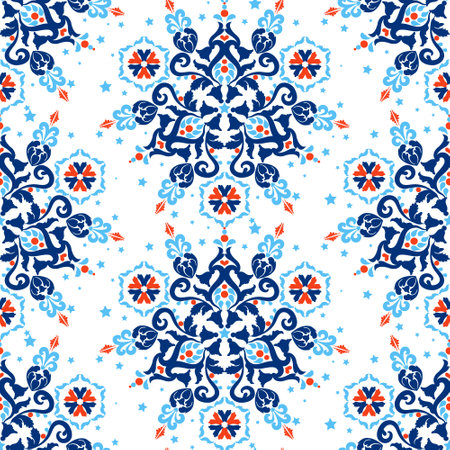 Winter Christmas blue background with snowflakes and snow. Festive ornament vector seamless pattern. Blue, red, white color. For decorating Christmas packaging, fabric or wallpaper.のイラスト素材