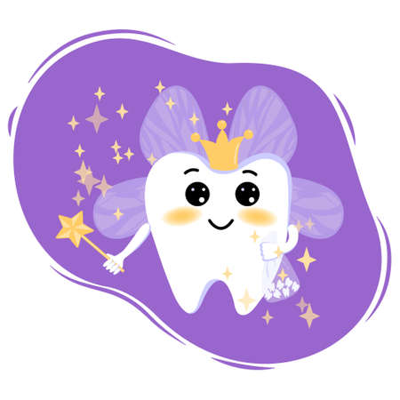 Cute cartoon tooth fairy with a magic wand and wings with magic stars. Tooth fairy in a flat style. Lilac, gold, white color. Tooth fairy on white background for concept design.のイラスト素材