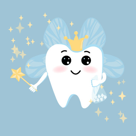 Cute cartoon tooth fairy with a magic wand on a blue background. Blue, yellow, white color. Tooth...