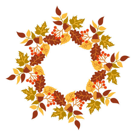 Autumn wreath of orange and yellow leaves on a white background. Round autumn frame of leaves and berries for decorative design. Botany decor.のイラスト素材