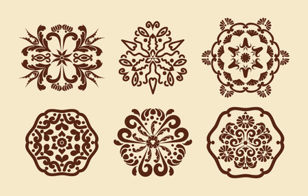 Floral patterns of mandalas. Mehndi pattern. Decorative texture. Brown, beige color. For the design of wall, menus, wedding invitations or labels, for laser cutting, marquetry.のイラスト素材