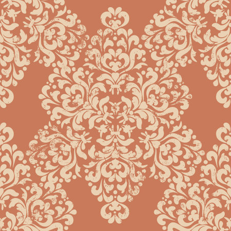 Seamless vintage distressed background. Oriental damask ornament with grunge and scuffs. Pink and beige. Vintage pattern for fabric, wallpaper and packaging.のイラスト素材