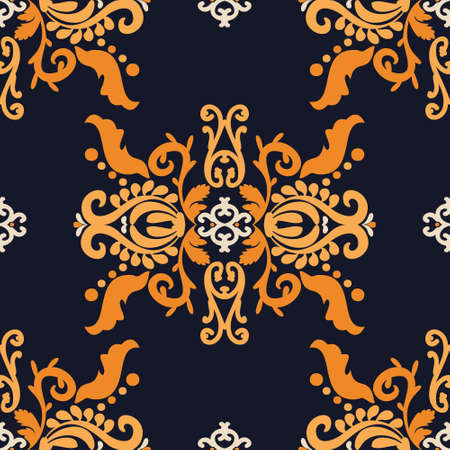 Vintage decorative ornament. Damask vector seamless pattern. Blue, orange color. Vector graphic vintage pattern. For fabric, tile, wallpaper or packaging.のイラスト素材