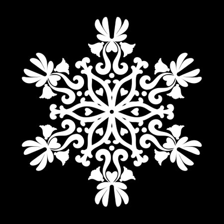 Floral patterned mandala. White round ornament like a snowflake on a black background. Black and white. Mehndi patterns. For fabric, wallpaper, venetian pattern,textile, packaging.のイラスト素材