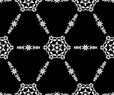 Geometric tiled pattern with ornament. Arabic ethnic seamless background. Decorative texture. Black and white. For fabric, wallpaper, venetian pattern,textile, packaging.のイラスト素材