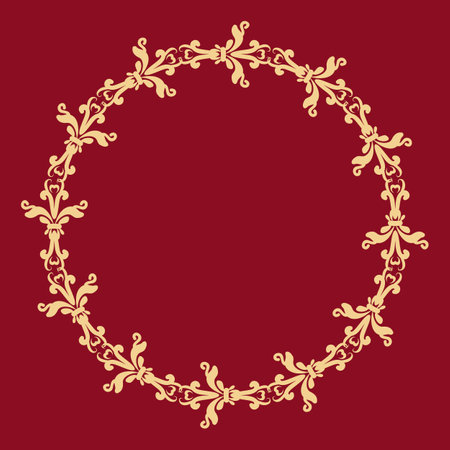Gold round ornament. Decorative frame in oriental style. Place for text. Gold, red. Ornament for decoration of cards and invitations.のイラスト素材