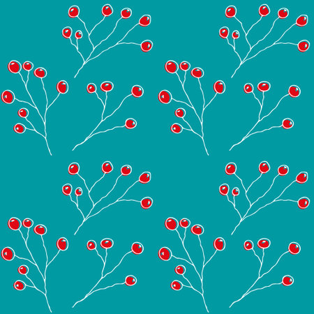 Christmas Background. A branch of holly with red berries on a turquoise background, seamless pattern. For fabric, wallpaper or packaging.のイラスト素材