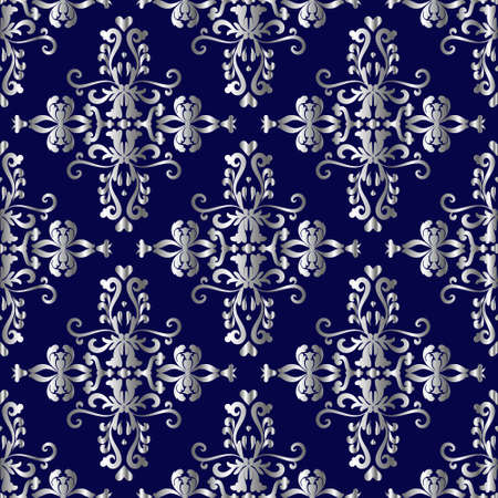 Silver Victorian pattern on navy blue background. Seamless baroque ornament. Blue and silver color.
