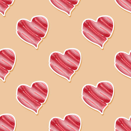 Red pink abstract hearts on a beige background. Red hearts. Seamless vector pattern. Happy valentine...