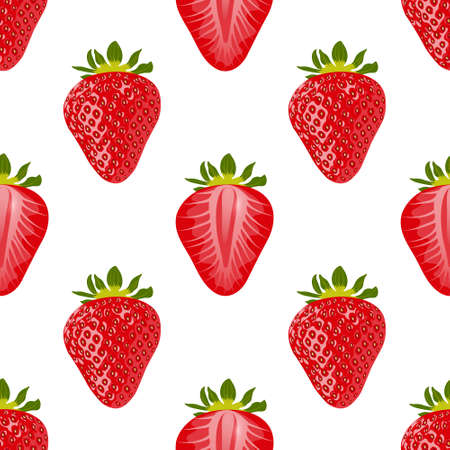 Berries and slices of strawberries on a white background. Seamless vector background with red strawberries on white background.のイラスト素材