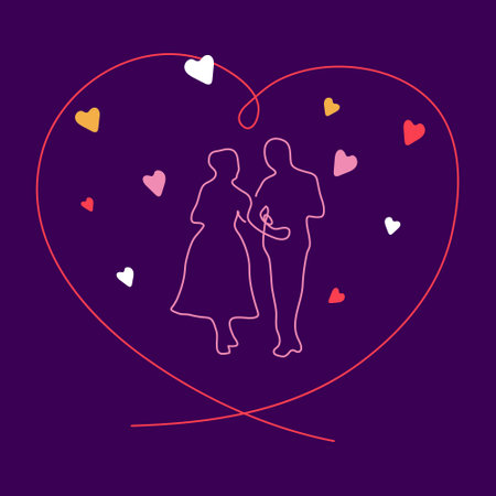 Happy couple in love, man and woman. Vector drawing by one continuous line. Postcard with romantic relationship and hearts. Purple, pink, orange, red. Illustration for wedding invitation, valentine.のイラスト素材