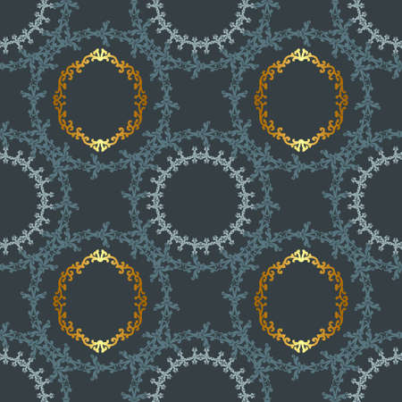Elegant lace pattern of round ornaments. Seamless patterned blue background with gold. Vector illustration. Modern abstract color backdrop. Textile print.のイラスト素材