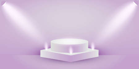 Geometric scene 3d with lilac backlight. Pastel lilac podium with soft light. 3D visualization of the scene for the presentation of products. Purple Vector background.のイラスト素材