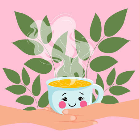 Cute cartoon Emoji cup with tea in female hands on a background of green plants. Human hands hold a cup of hot tea. Freshly brewed herbal drink. Vector illustration.のイラスト素材