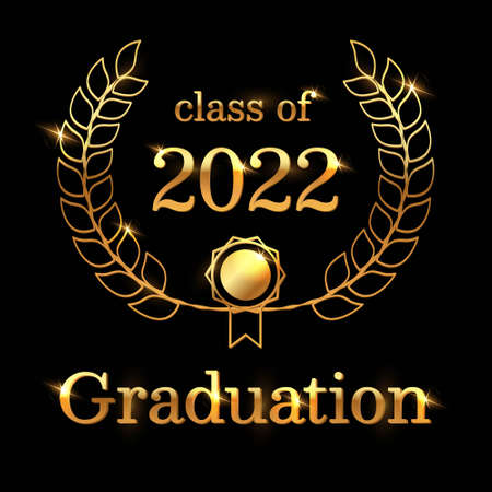 Elegant class of 2022 graduation poster design. Black and gold. Shiny vector template for graduation party invitation, graduation or greeting card.のイラスト素材