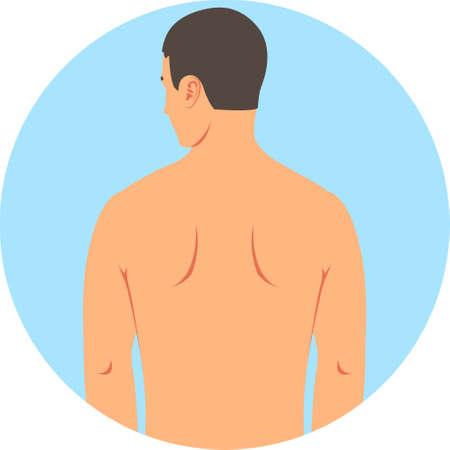 A young white naked man stands with his back. Silhouette of a naked white man to the waist isolated on a white background. Vector illustration.のイラスト素材