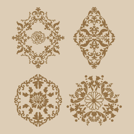 Set of floral vintage patterns. Mehndi pattern. Decorative texture. Brown, golden color. For the design of wall, menus, wedding invitations or labels, for laser cutting, marquetry.のイラスト素材