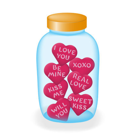 Glass jar with hearts. A cartoon glass candy jar in the shape of a pink heart with cute love messages. The concept of love and celebrating Valentine's Day. vector illustration.のイラスト素材