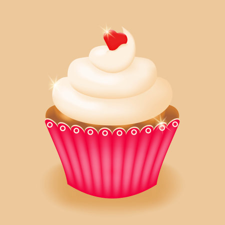 Cupcake or cake with cream and a heart. The concept of sweet food, dessert in the form of a pastry with creamy cream. vector illustration.のイラスト素材
