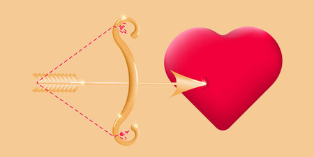 Golden bow and arrow of cupid with heart. Romantic love symbol of Valentines day. The concept of the...